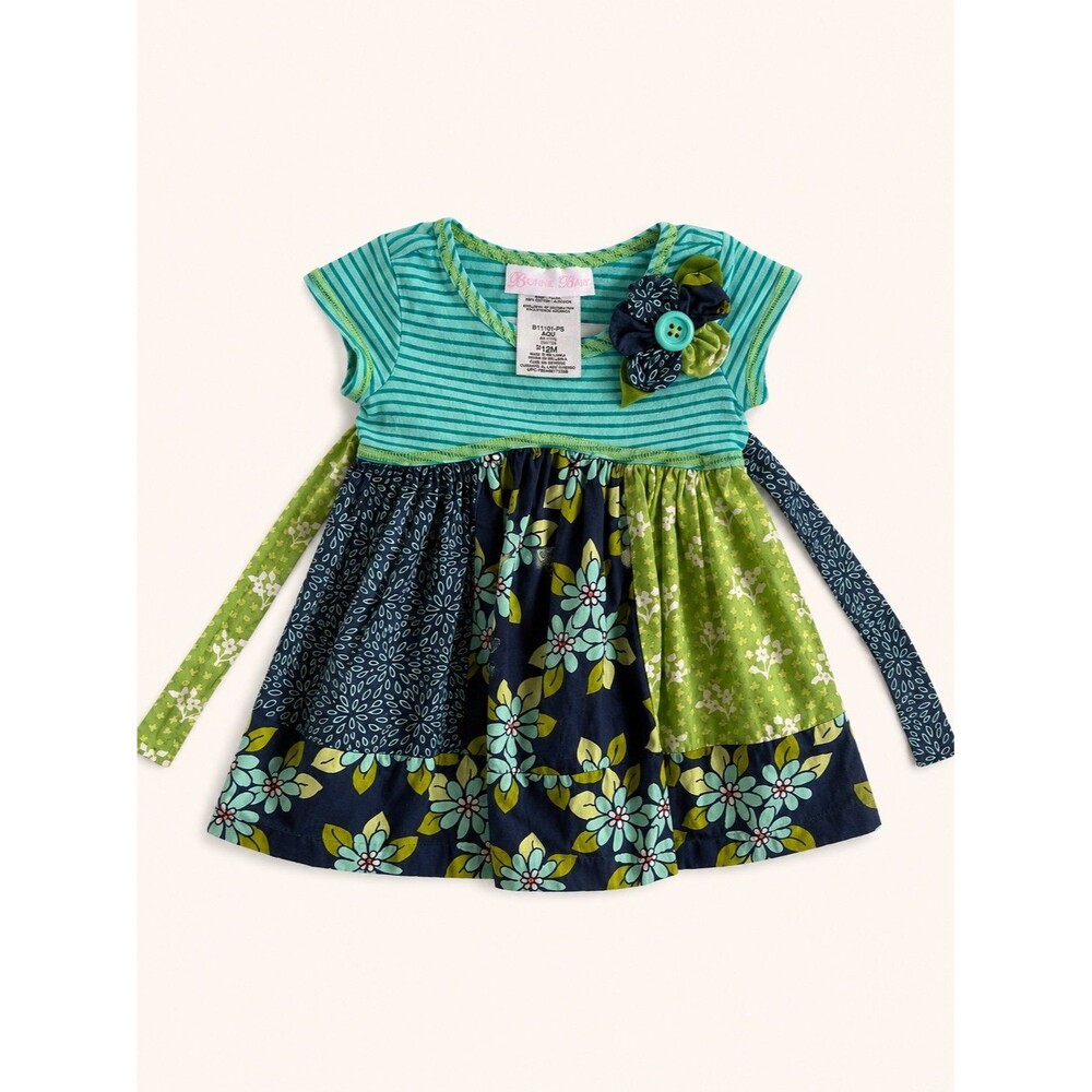 Bonnie Baby 12M Patchwork Floral Dress Blue Green Boutique Style Toddler Girls